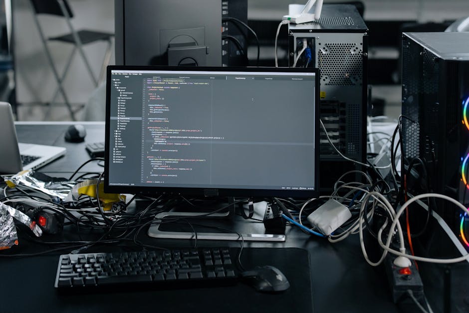 A person working on a laptop placed on a dark, reflective table, with hands visible typing on the keyboard. The laptop screen displays a code editor with multiple lines of computer code in various col